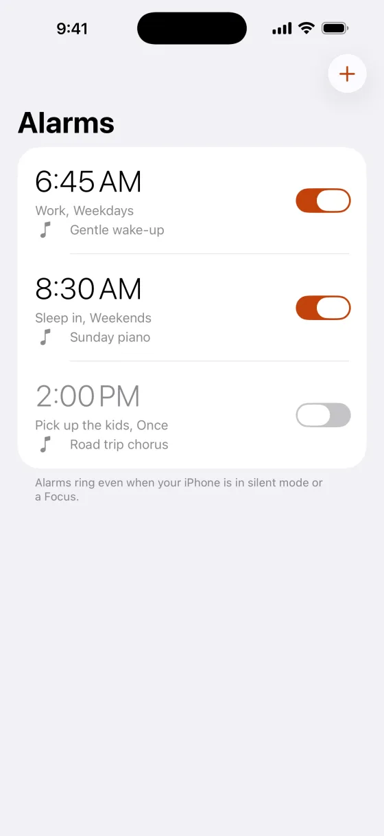 Wake up to a song you love. Weekday and weekend alarms that ring with your own tones.