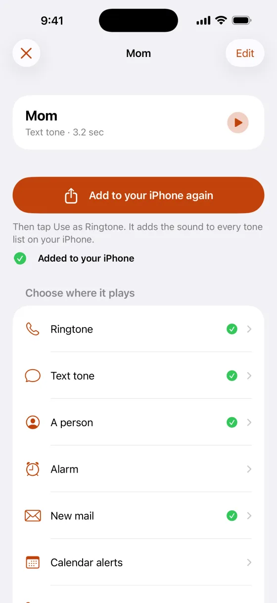 Know it's Mom without looking. A text tone called Mom, added to the iPhone and set for one person.