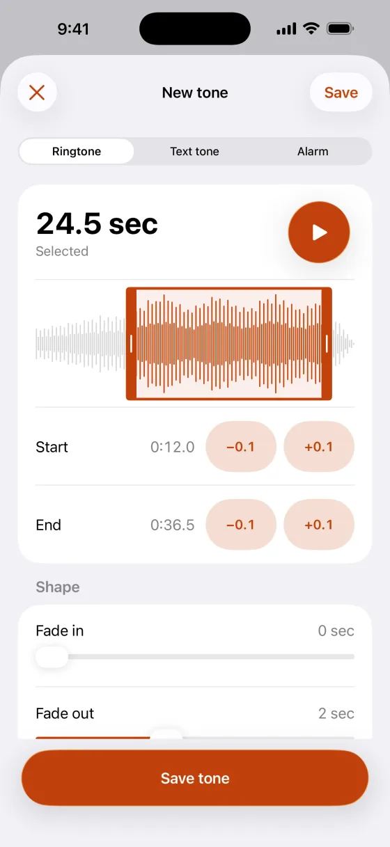 Hear your favorite song when they call. A song trimmed to a 24.5 second ringtone on a waveform.