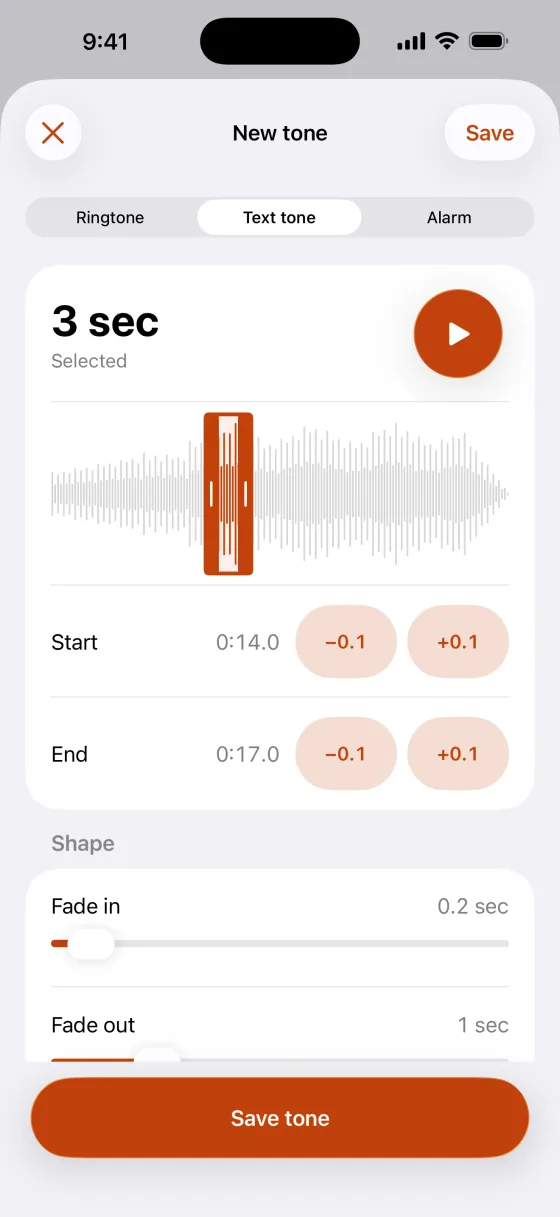 A text tone no one else has. A 3 second clip with a short fade in and fade out.